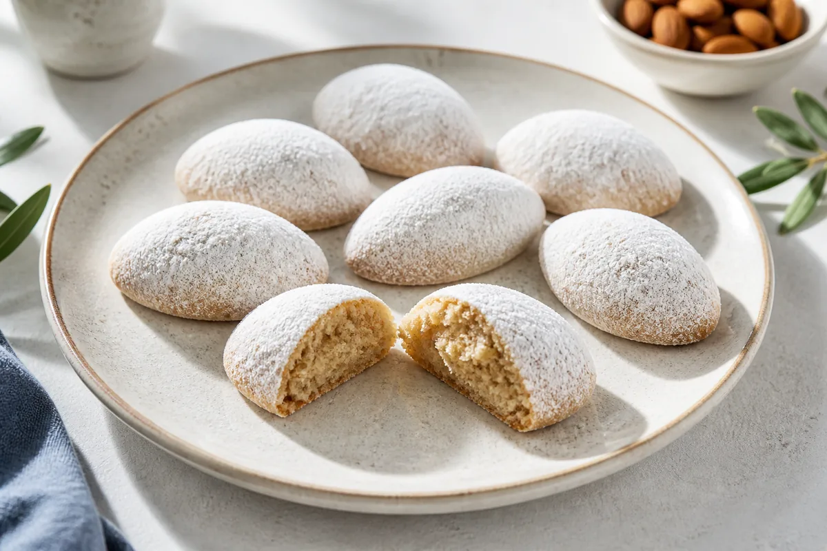 Huit amygdalota grecs en forme d’amande, poudrés de sucre glace, dont un ouvert sur sa mie tendre