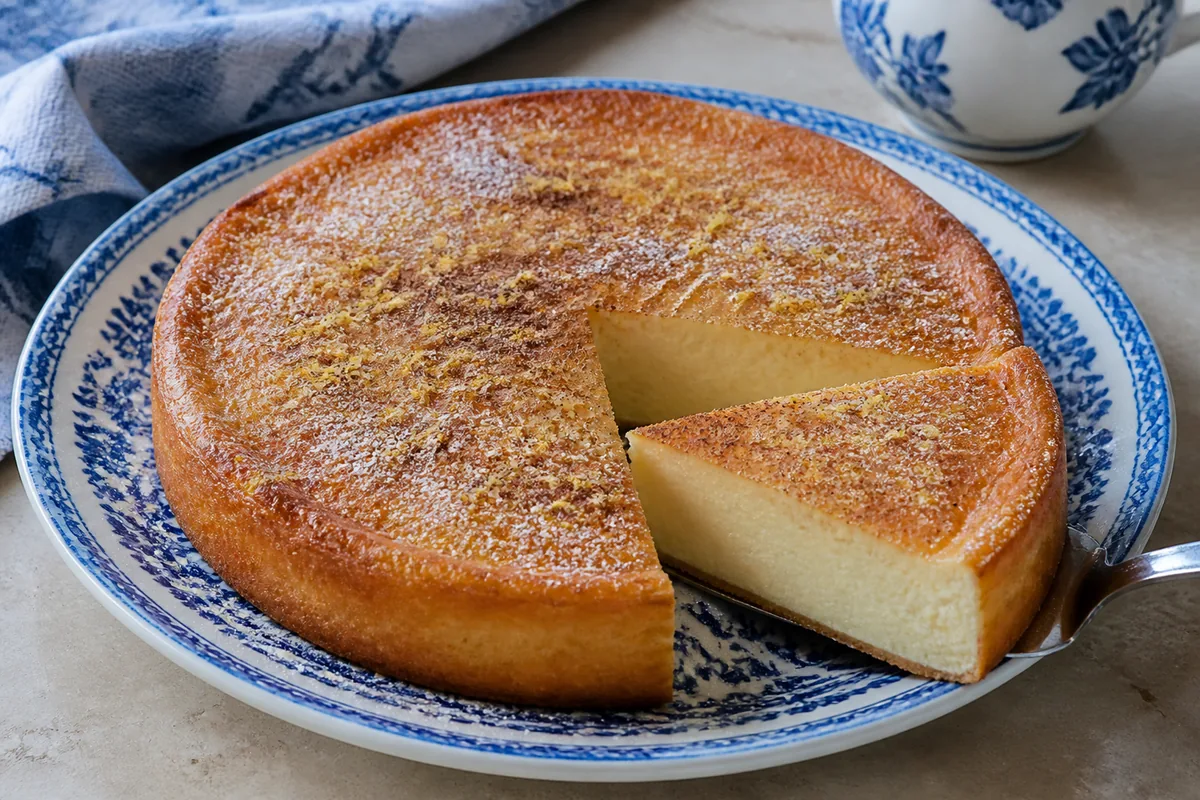 La galatopita finie, dorée, avec sa texture de crème au lait et à la semoule visible à la coupe