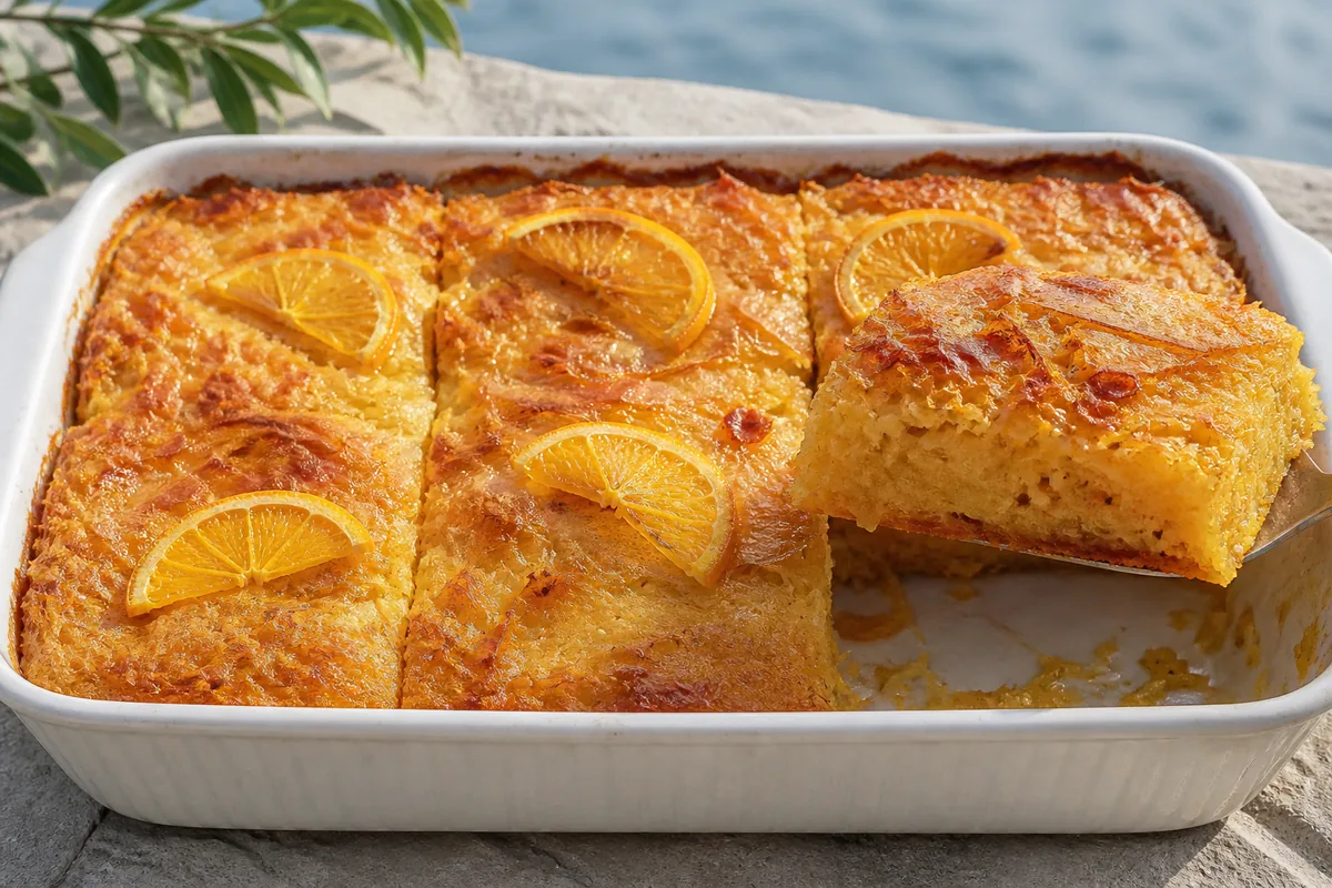 Une portokalopita dorée et imbibée, découpée pour révéler sa texture humide de filo et son orange