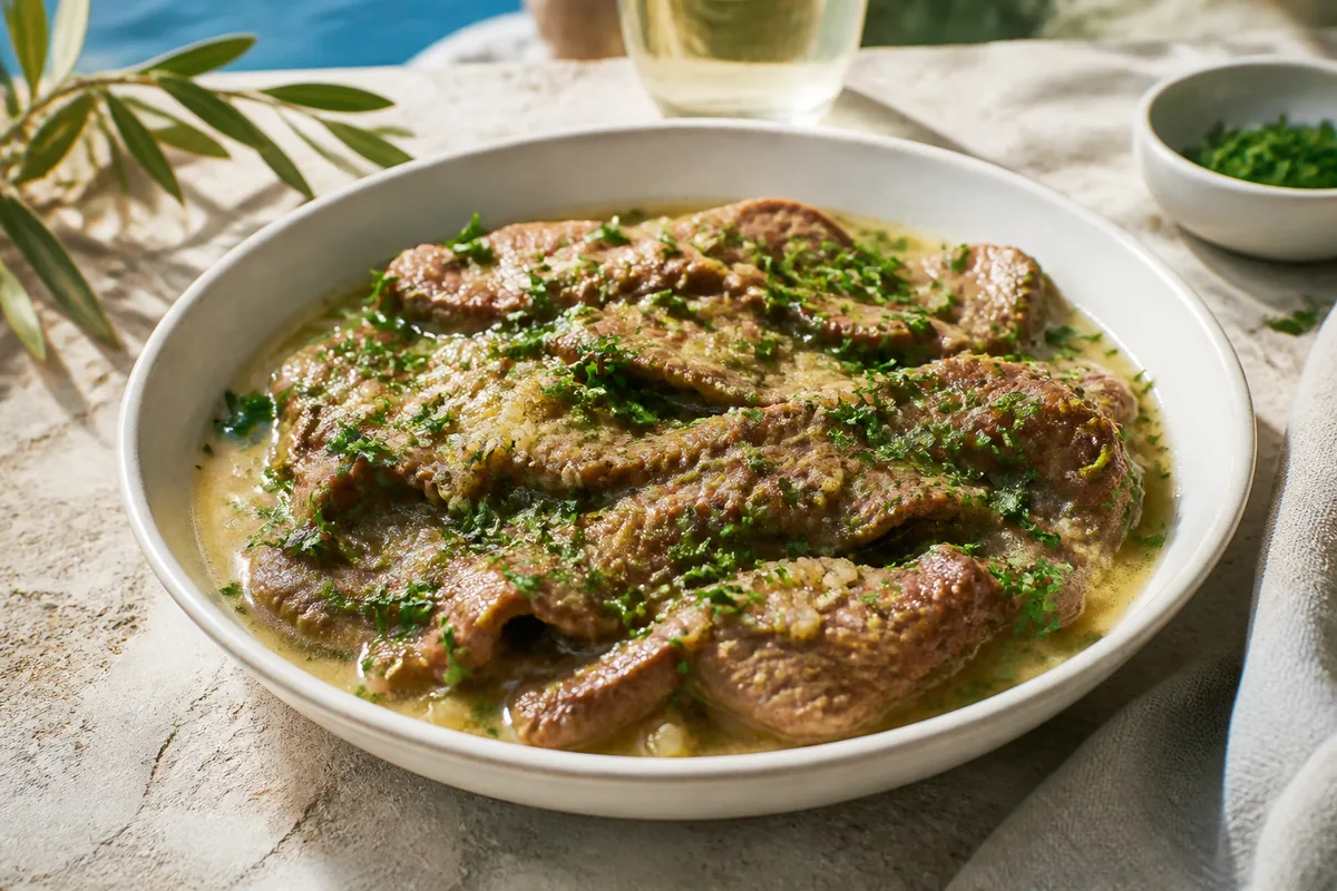 Le sofrito de Corfou fini, avec fines tranches de bœuf dans une sauce claire à l’ail et au persil, sans tomate