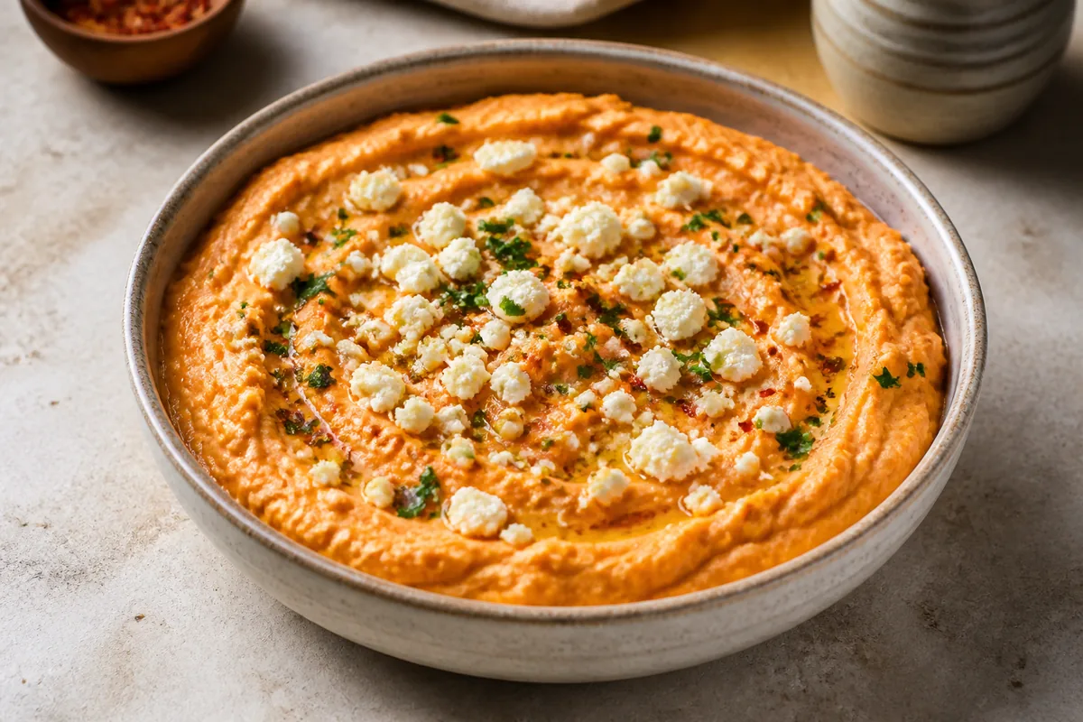 La tirokafteri finie, crème de feta et poivron grillé garnie de feta, persil et piment